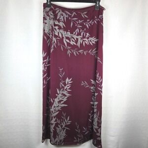 Ann Taylor Burgundy Floral Print Maxi Skirt Size 14 Zipper Lined Side Slit Flowy